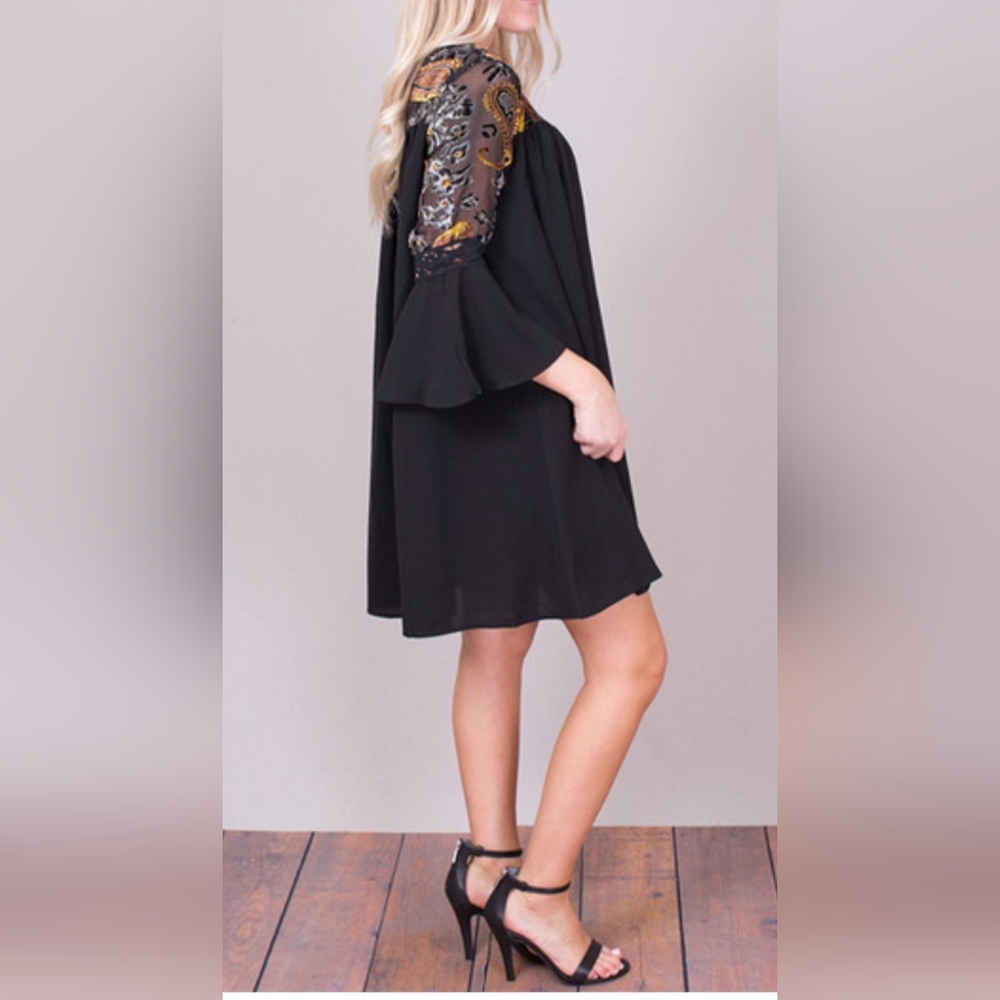 XL UMGEE Cotton Blend Black & Colorful Sheer Velour Bell Sleeve Midi Dress - Picture 4 of 8